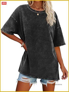 Cotton Oversized T-Shirt Vintage Crewneck Short Sleeve Tunic Top